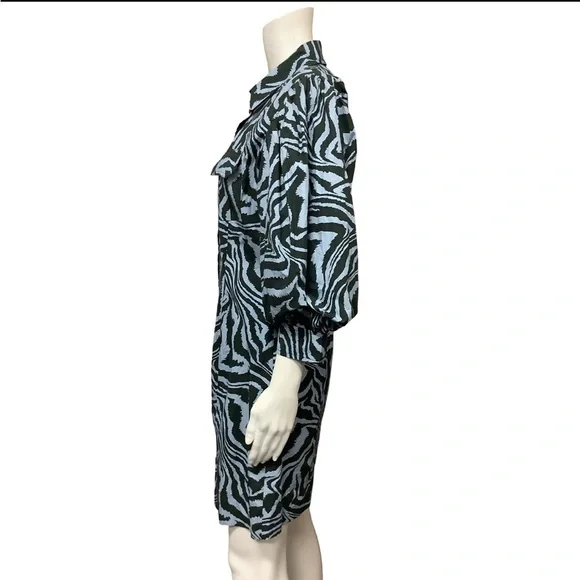 Ganni Blue Black Zebra Animal Print Puff Sleeve Mini Dress Size Small - Picture 7 of 11